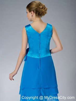 Sky Blue Empire V-neck Knee-length Ruching Mother's Dress