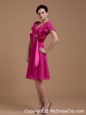 Hot Pink Mother Dress With Bowknot Short Sleeves Knee-length