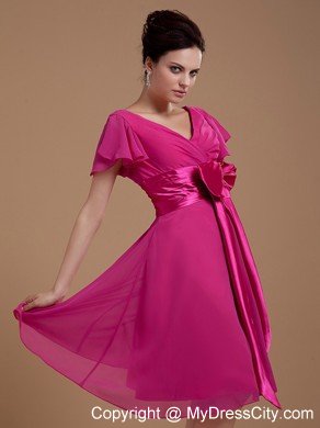 Hot Pink Mother Dress With Bowknot Short Sleeves Knee-length