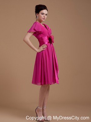 Hot Pink Mother Dress With Bowknot Short Sleeves Knee-length