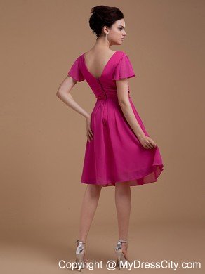 Hot Pink Mother Dress With Bowknot Short Sleeves Knee-length