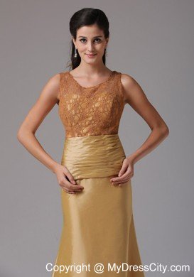 Gold Scoop Ruching Lace Mother's Dress with Brush Train