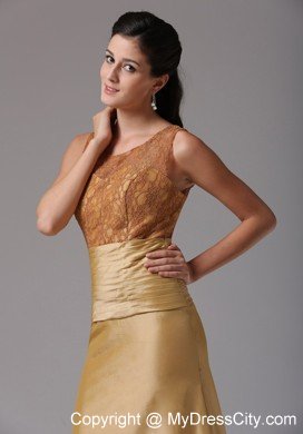 Gold Scoop Ruching Lace Mother's Dress with Brush Train