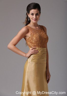 Gold Scoop Ruching Lace Mother's Dress with Brush Train