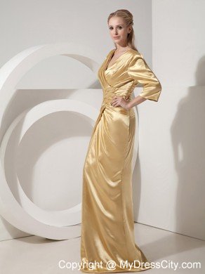 Gold Column Ruching V-neck Brush Train Taffeta Mother Dress