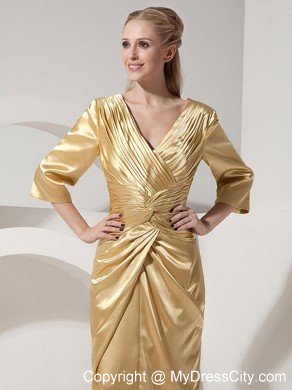 Gold Column Ruching V-neck Brush Train Taffeta Mother Dress