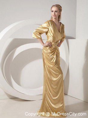 Gold Column Ruching V-neck Brush Train Taffeta Mother Dress