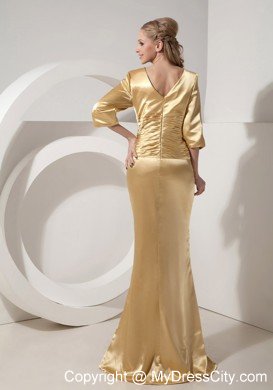 Gold Column Ruching V-neck Brush Train Taffeta Mother Dress