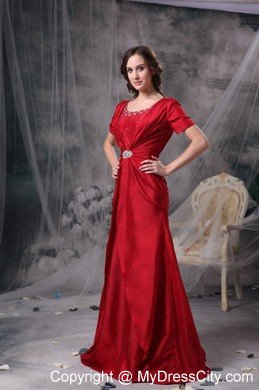 Red A-line Scoop Sleeves Beading and Ruched Mother Of Bride Dress