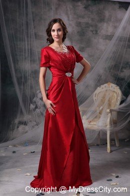 Red A-line Scoop Sleeves Beading and Ruched Mother Of Bride Dress