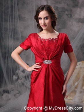 Red A-line Scoop Sleeves Beading and Ruched Mother Of Bride Dress