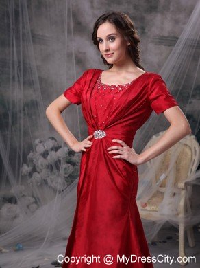 Red A-line Scoop Sleeves Beading and Ruched Mother Of Bride Dress