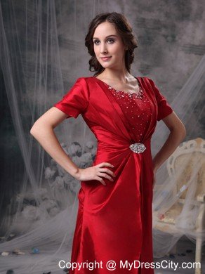 Red A-line Scoop Sleeves Beading and Ruched Mother Of Bride Dress