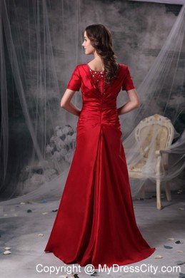 Red A-line Scoop Sleeves Beading and Ruched Mother Of Bride Dress