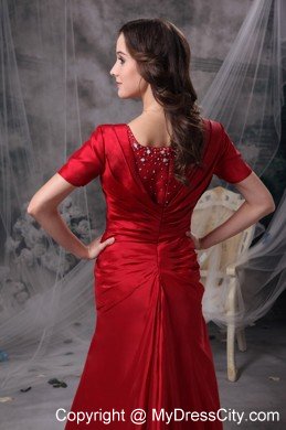 Red A-line Scoop Sleeves Beading and Ruched Mother Of Bride Dress