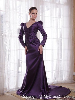 Dark Purple V-neck Long Sleeves Brush Train Taffeta Mother of the Bride Dress