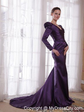 Dark Purple V-neck Long Sleeves Brush Train Taffeta Mother of the Bride Dress