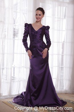 Dark Purple V-neck Long Sleeves Brush Train Taffeta Mother of the Bride Dress