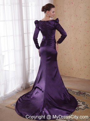 Dark Purple V-neck Long Sleeves Brush Train Taffeta Mother of the Bride Dress