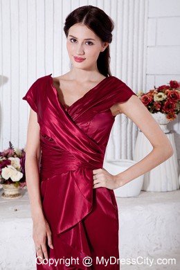 V-neck Ruche Knee-length Taffeta Wine Red Wedding Outfits for Groom Mothers