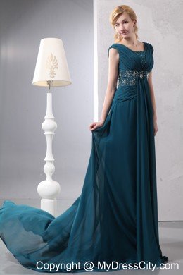 Straps Beading Court Train Chiffon Dark Green Mother of the Bride Dress