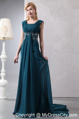 Straps Beading Court Train Chiffon Dark Green Mother of the Bride Dress