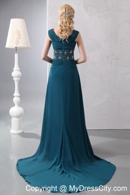 Straps Beading Court Train Chiffon Dark Green Mother of the Bride Dress