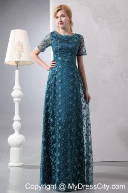 Scoop Neck Lace Short Sleeves Floor-length Green Mother Dress for Wedding