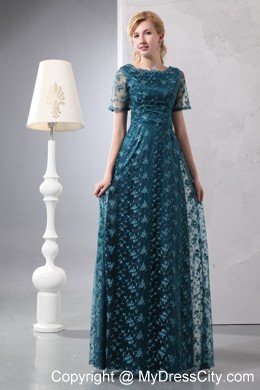 Scoop Neck Lace Short Sleeves Floor-length Green Mother Dress for Wedding