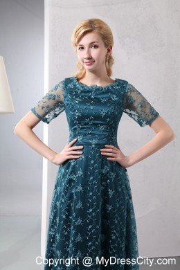 Scoop Neck Lace Short Sleeves Floor-length Green Mother Dress for Wedding