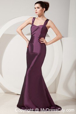 Dark Purple Straps Brush Train Back Out Satin Mermaid Mother Of Bride Dress