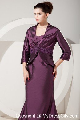 Dark Purple Straps Brush Train Back Out Satin Mermaid Mother Of Bride Dress