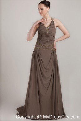 V-neck Beading Ruche Brush Train Chiffon Brown Mother of the Bride Dress