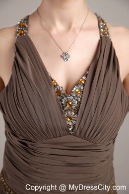 V-neck Beading Ruche Brush Train Chiffon Brown Mother of the Bride Dress