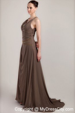 V-neck Beading Ruche Brush Train Chiffon Brown Mother of the Bride Dress