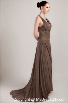 V-neck Beading Ruche Brush Train Chiffon Brown Mother of the Bride Dress