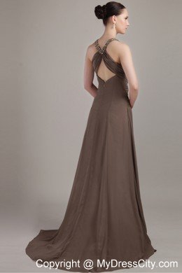 V-neck Beading Ruche Brush Train Chiffon Brown Mother of the Bride Dress