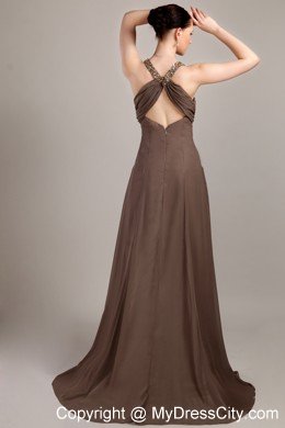 V-neck Beading Ruche Brush Train Chiffon Brown Mother of the Bride Dress