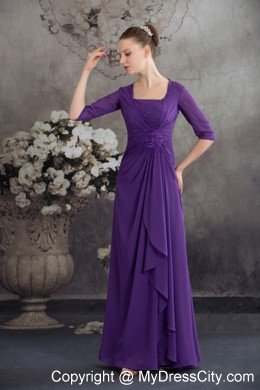 Square Neck Beading Sleeves Ruffled Chiffon Purple Mother Dress for Wedding