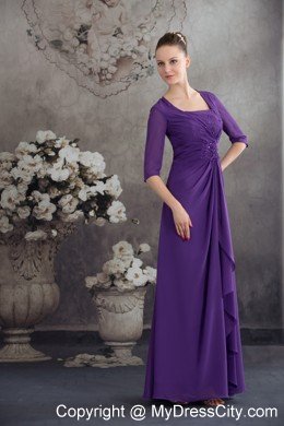 Square Neck Beading Sleeves Ruffled Chiffon Purple Mother Dress for Wedding