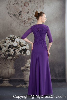 Square Neck Beading Sleeves Ruffled Chiffon Purple Mother Dress for Wedding