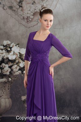 Square Neck Beading Sleeves Ruffled Chiffon Purple Mother Dress for Wedding