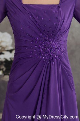 Square Neck Beading Sleeves Ruffled Chiffon Purple Mother Dress for Wedding