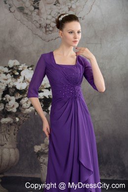 Square Neck Beading Sleeves Ruffled Chiffon Purple Mother Dress for Wedding