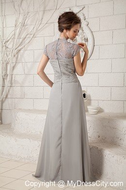 Grey Lace V-neck Cap Sleeves Floor-length Chiffon Mother Dress for Wedding