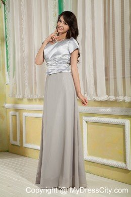 Scoop Neck Ruche Short Sleeves Chiffon and Satin Mother Of The Bride Dress