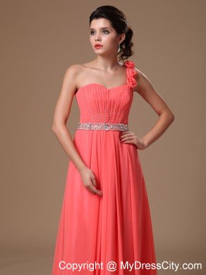 Watermelon One Shoulder Flower Beaded Prom Gowns