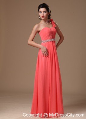 Watermelon One Shoulder Flower Beaded Prom Gowns