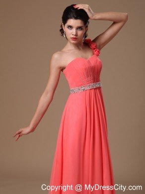 Watermelon One Shoulder Flower Beaded Prom Gowns