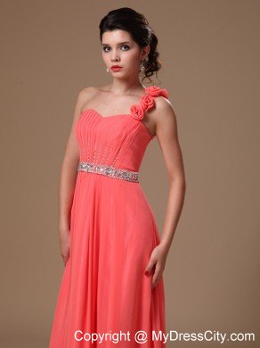 Watermelon One Shoulder Flower Beaded Prom Gowns